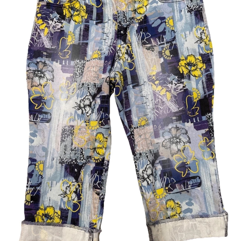 LOGO by Lori Goldstein Yellow, Blue & White Abstract Floral Jeans 16 p